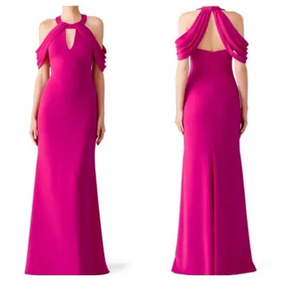 Badgley Mischka Draped Shoulder Crepe Gown Magenta Women's Size 0 - Picture 1 of 10